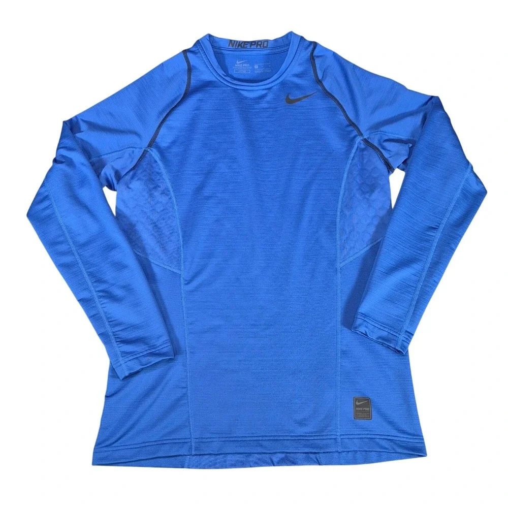 Nike Pro Hyperwarm Mens Medium Blue Fitted Long Sleeve Thermal Athletic Top